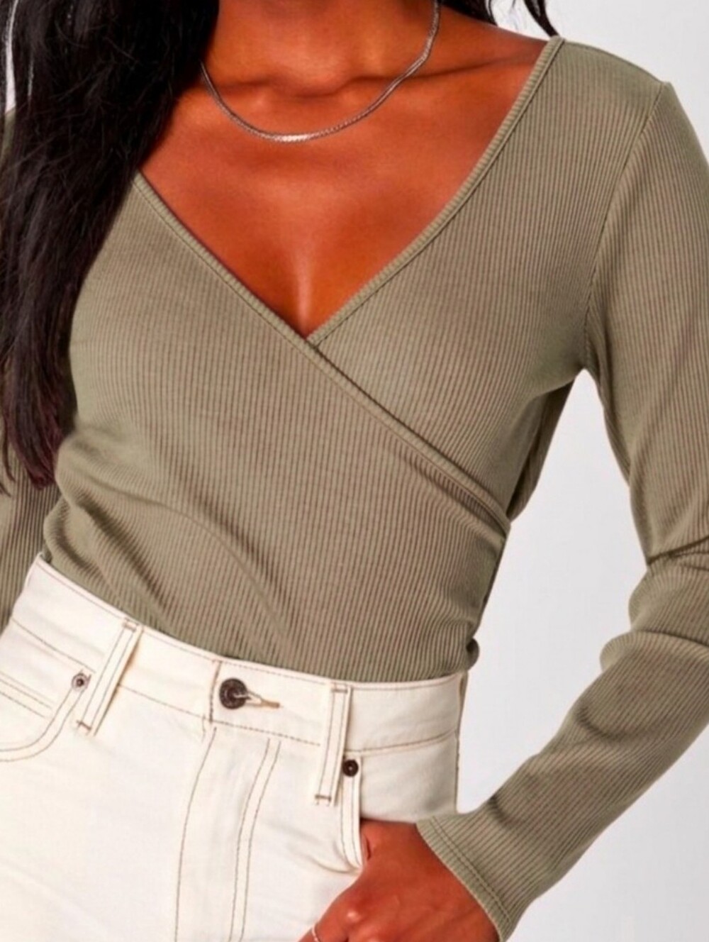 Lulus All Day Fave Grayish Sage Green Ribbed Surplice Long Sleeve Top - L - NWT!